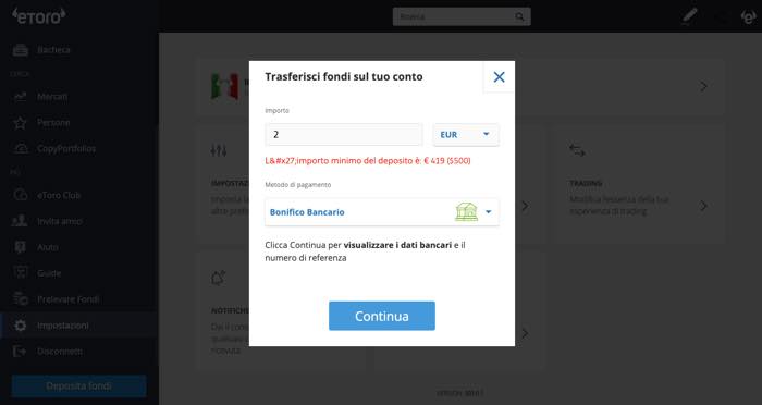 deposito minimo etoro bonifico bancario