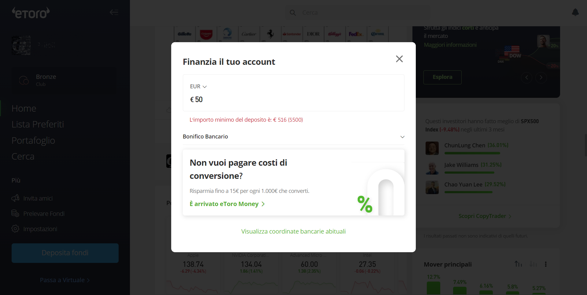 deposito minimo etoro bonifico bancario.