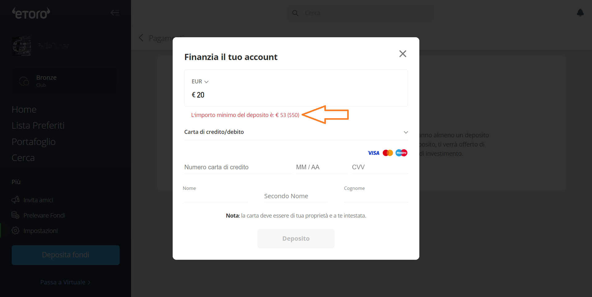 deposito minimo etoro carta credito.